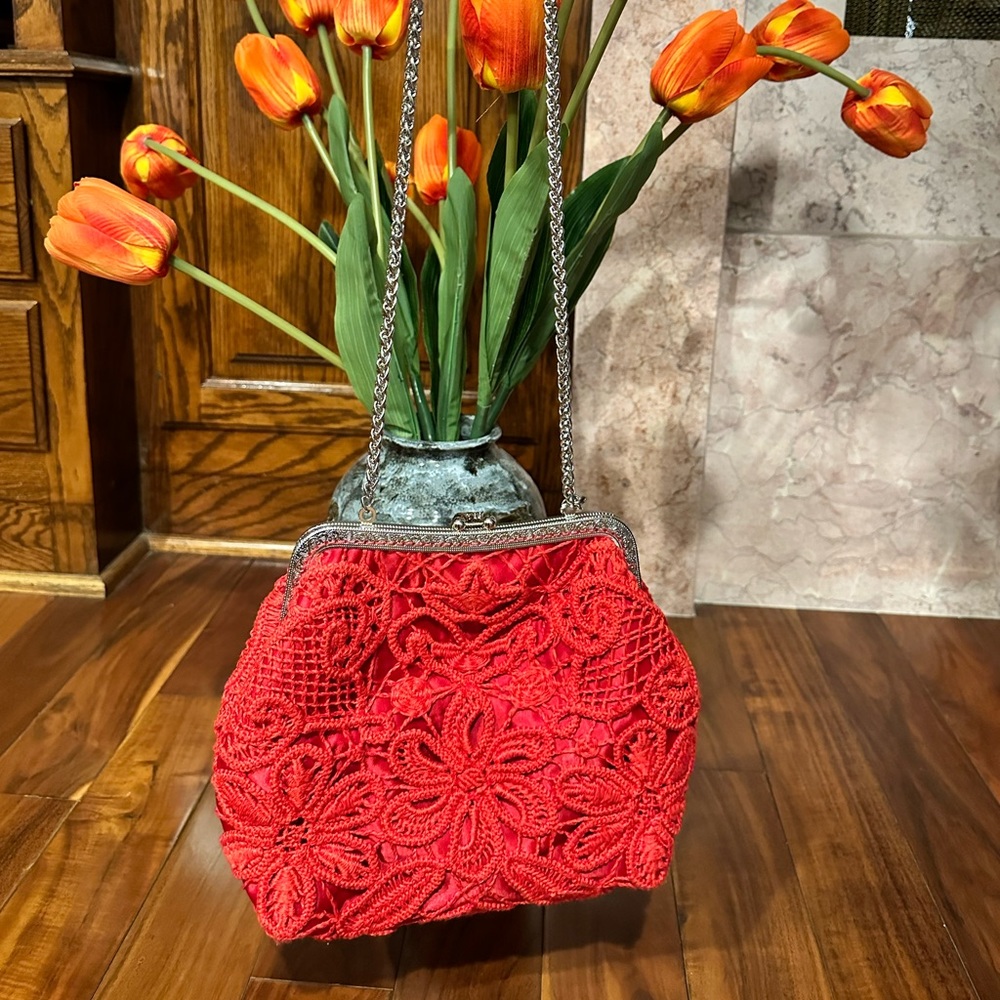 Beautiful red crotchet bag; hand made. Exquisite detail inside.